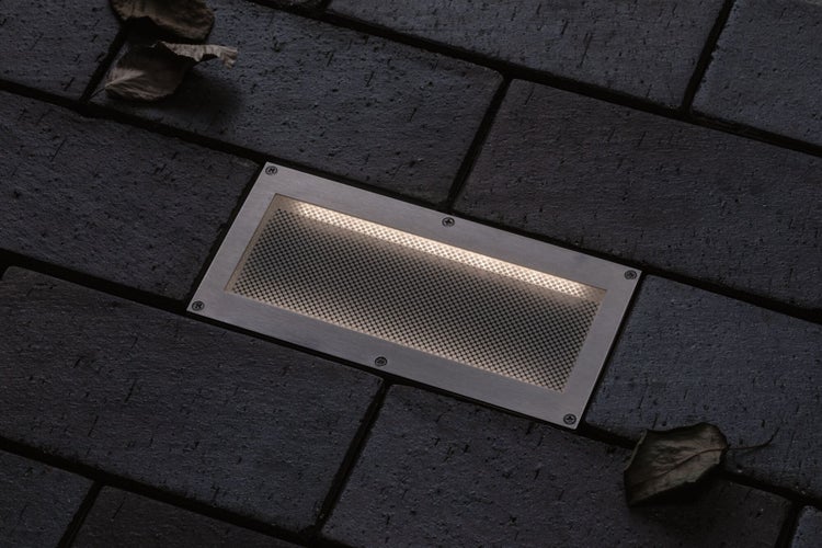 LED Bodeneinbauleuchte Brick Dämmerungsgesteuerter Bewegungsmelder (IR) IP67 200x100mm 3000K 1,6W 50lm 230V Alu, Grau Metall, Edelstahl