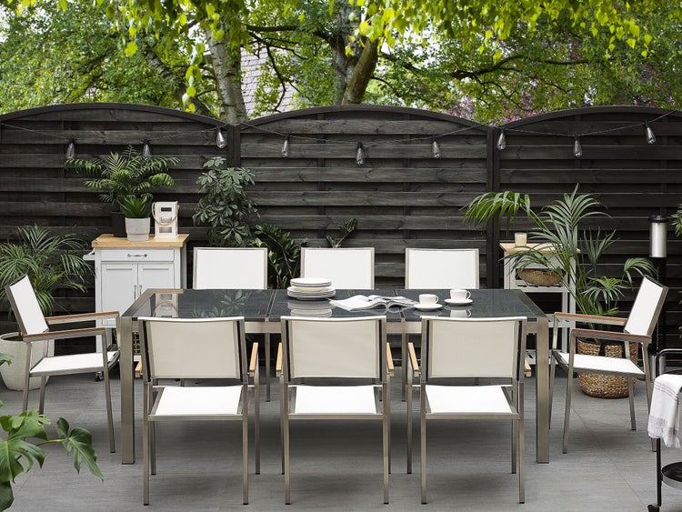 Gartenmöbel Set 8-Sitzer GROSSETO Dreifachplatte Granit Polierter Grau / Weiß
