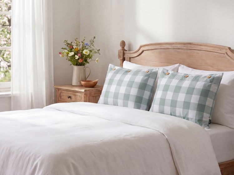 Helles Schlafzimmer mit hölzernem Kopfteil, weißer Bettwäsche und zwei grün-weiß karierten Kissen mit Holzknöpfen.