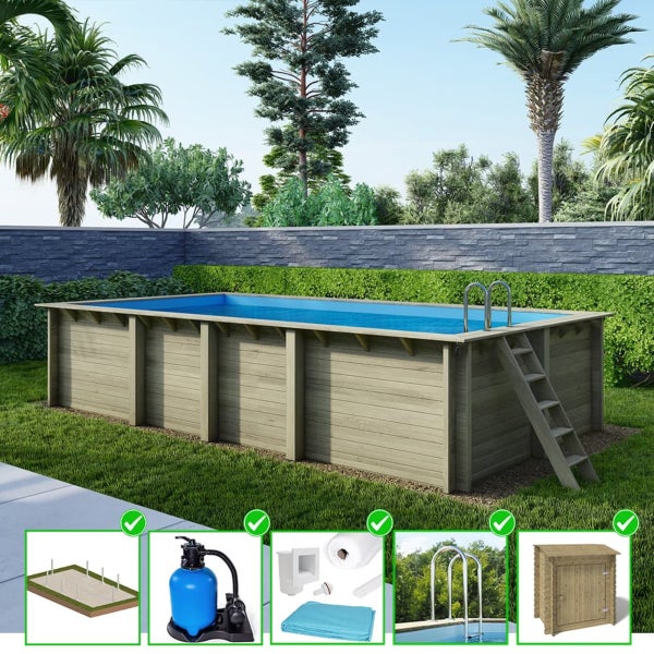 Rechteckiger Holzpool mit Leiter, Filteranlage und Zubehör im Garten
