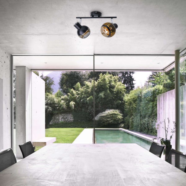 2er Wand- und Deckenleuchte Spot CASCO aus Metall in Schwarz, und Gold, mit E27-Fassung, 36 x 12 x 15 cm. Stilvolle Beleuchtung für Wohnzimmer, Esszimmer oder Küche.