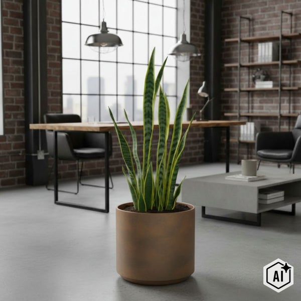 Bogenhanf im braunen Topf in einem modernen Zimmer im Industriestil mit Ziegelwänden, Holzschreibtisch und großem Fenster.