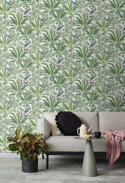 Walls4You Tapete tropische Dschungelblätter und Paradiesvögel Mintgrün und Grün - 53 cm x 10.05 m - 935331