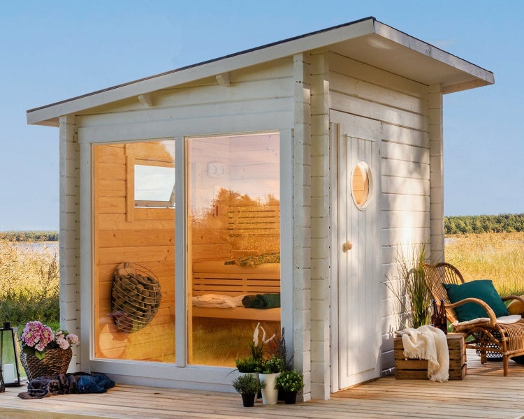 Polhus Alpholz Sauna Olli Gartensauna 2 Sitzbänke aus Holz, Sauna mit 44 mm Wandstärke, Außensauna mit Montagematerial, Naturbelassen