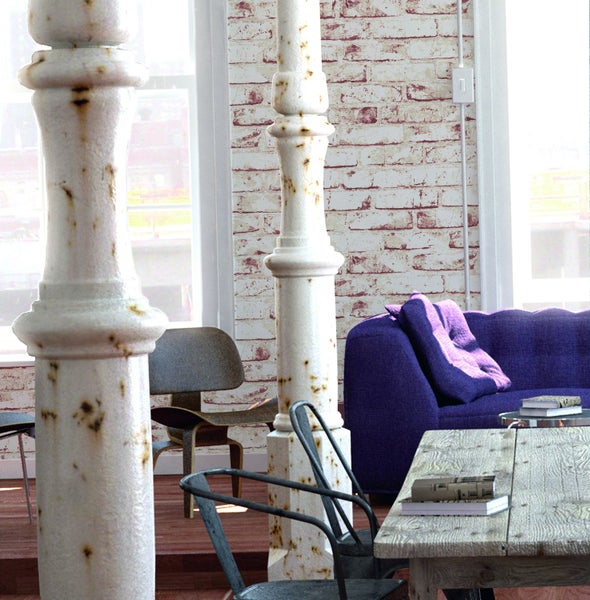 Innenraumszene mit Säulen, Sofa, Stühlen und Tisch