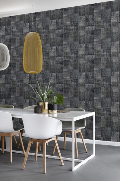 ESTAhome Tapete Kelim-Patchwork Schwarz - 53 cm x 10.05 m - 148334
