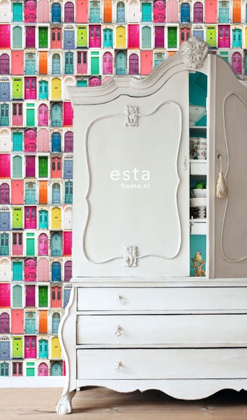 ESTAhome XXL-Vliestapete farbige Türen Rosa, Türkis, Orange, Gelb und Lila - 50 x 900 cm - 158607