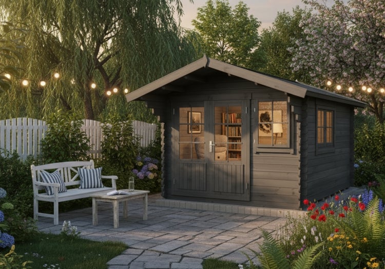 Gartenhütte aus Holz mit Bank und Tisch auf einer Terrasse