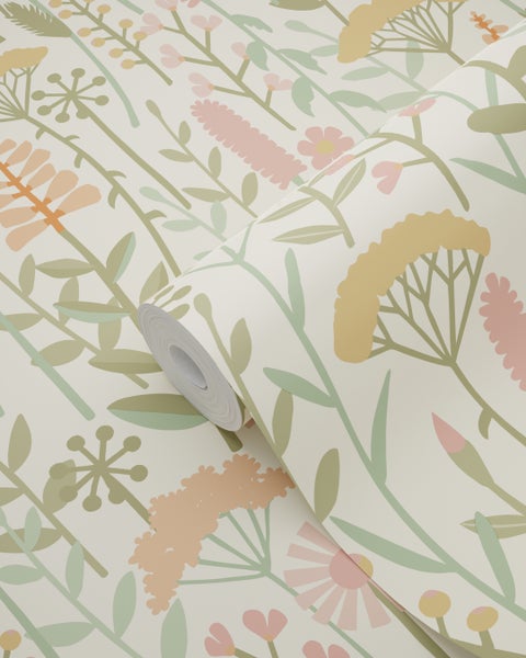 ESTAhome Tapete Feldblumen Hellgrün und Rosa - 50 x 900 cm - 131549