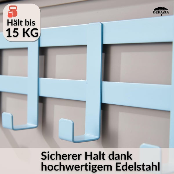 Blaue Hakenleiste aus Edelstahl für den Heizkörper, Tragkraft 15 Kilogramm, Dekazia Logo.