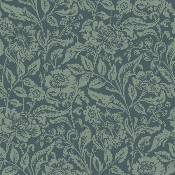 ESTAhome Tapete Blumenmuster Dunkelblau und Graugrün - 53 cm x 10.05 m - 139429