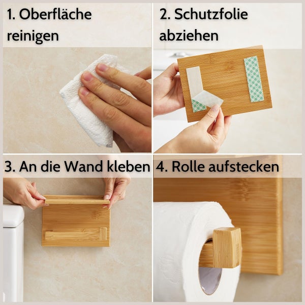 Montageanleitung für Toilettenpapierhalter aus Holz: Oberfläche reinigen, Schutzfolie abziehen, an die Wand kleben und Rolle aufstecken.