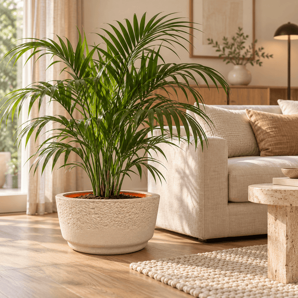 Große Zimmerpalme in einem strukturierten Pflanzkübel in einem hellen, wohnlich eingerichteten Wohnzimmer mit Sofa.