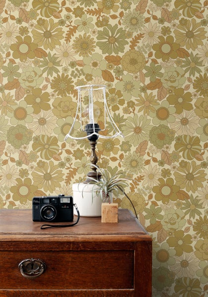 ESTAhome Tapete Retro Blumen Graugrün - 50 x 900 cm - 130964