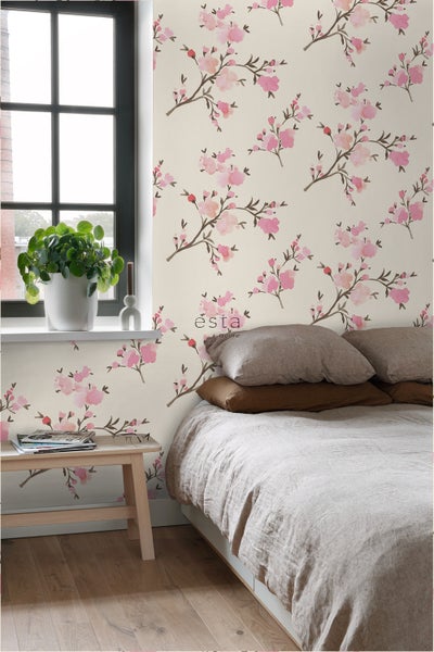 ESTAhome Öko-Strukturtapete Kirschblüten Beige und Rosa - 0,53 x 10,05 m - 148716