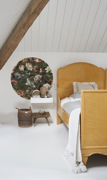 ESTAhome selbstklebende runde Tapete Blumen Olivgrün - Ø 70 cm - 158989