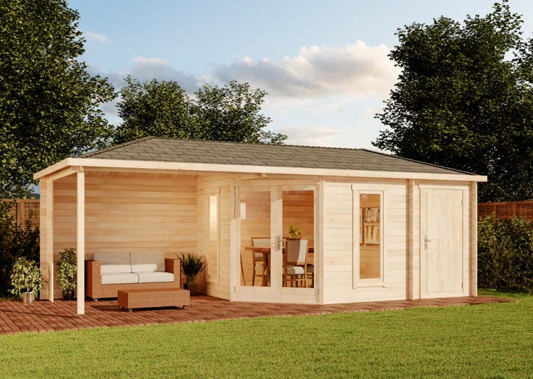 Alpholz 5-Eck Gartenhaus Liwa mit Anbau aus Holz Holzhaus, Wandstärke: 28 mm, Inklusive: Terrasse Blockbohlenhaus, Mit Walmdach und Überdachter Terasse, Bidentiefe Fenster, schicker Innenraum