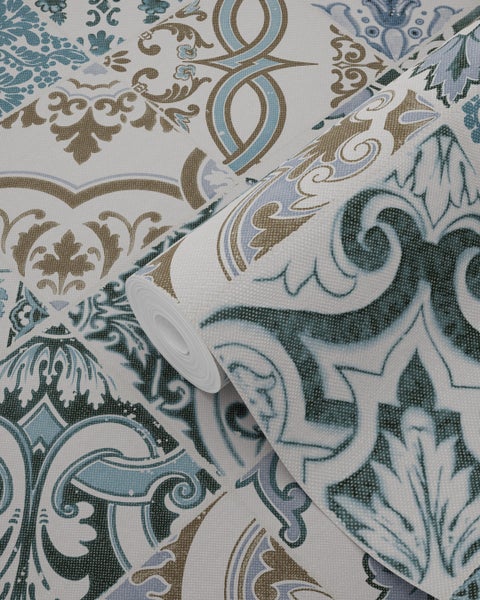 ESTAhome Tapete Fliesenmuster Blau und Beige - 50 x 900 cm - 139290