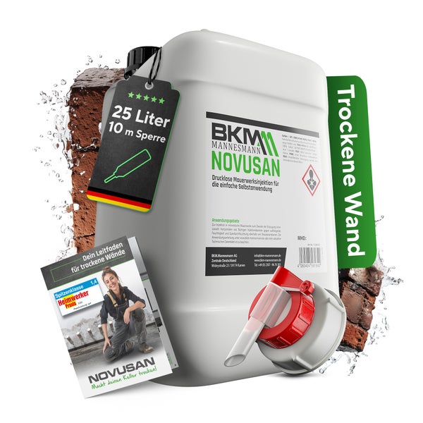 BKM Mannesmann Novusan drucklose Mauerwerksinjektion für trockene Wände, 25 Liter Kanister für 10 Meter Sperre inklusive Ausgießer und Ratgeber.
