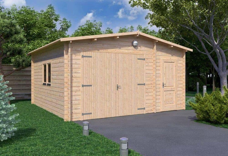 Alpholz Holzgarage-44 5x5 Garage aus Holz in natur, Unterstellplatz mit 44 mm Wandstärke inklusive Geräteraum, Fertiggarage imprägniert
