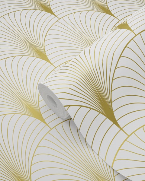 ESTAhome Tapete Art Decó Muster Weiß und Gold - 53 cm x 10.05 m - 139456
