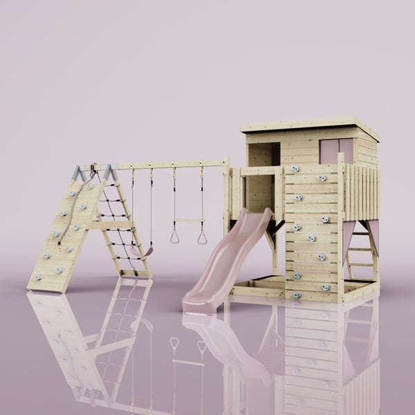 OutdoorToys Spielturm Aksel aus Holz in Rosa Trapezstange