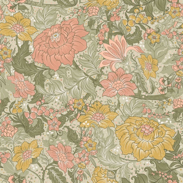 ESTAhome Tapete Blumenmuster Graugrün, Rosa und Ockergelb - 50 x 900 cm - 131195