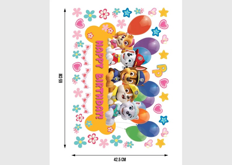 Paw Patrol Wandsticker Set für Geburtstage mit Hunden, Luftballons und Happy Birthday Schild. Maße 65 mal 42,5 Zentimeter.