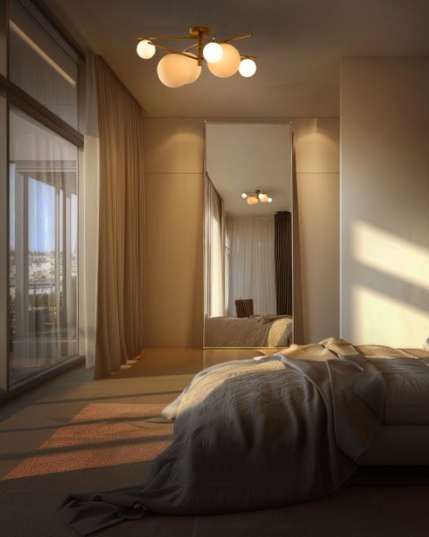 Schlafzimmer mit Bett, Spiegel und Deckenleuchte