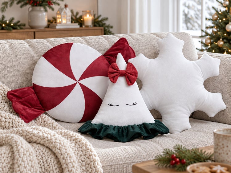 Drei dekorative Weihnachtskissen in Form einer Zuckerstange, eines Weihnachtsbaums und einer Schneeflocke auf einem gemütlichen Sofa platziert.