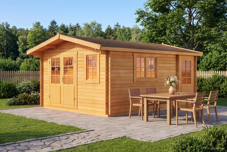 Holzgartenhaus mit Satteldach, Doppeltür und Fenstern, platziert auf einer Terrasse mit Gartenmöbelset im Grünen.