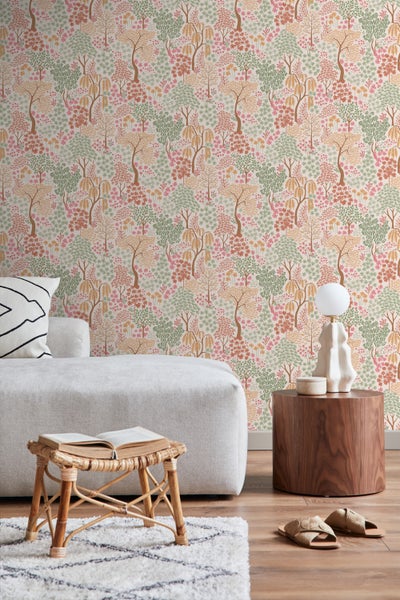 ESTAhome Tapete Bäumen und Blumen Terrakotta, Rosa und Grün - 50 x 900 cm - 131185