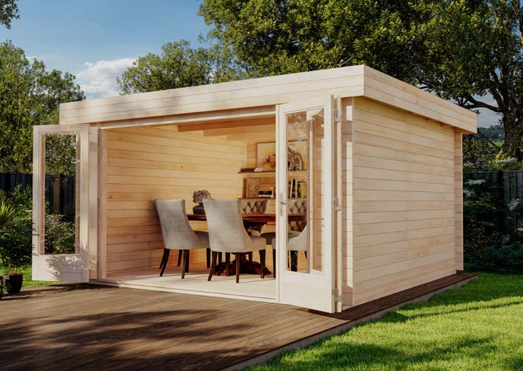 Alpholz Gartenhaus Java-44 A ISO mit großer Falttür Gartenhaus aus Holz, Holzhaus mit 44 mm Wandstärke FSC zertifiziert, Blockbohlenhaus mit Montagematerial