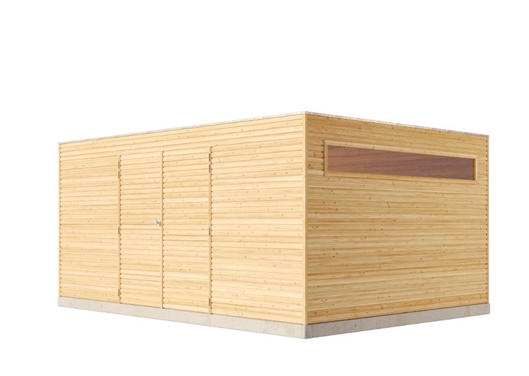 Modernes Gartenhaus aus Holz mit Flachdach, Doppeltür und horizontalem Fenster auf einem Betonsockel.
