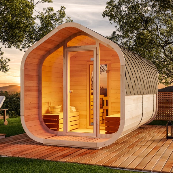 FinnTherm Fasssauna ScandiCube Wave Deluxe Fasssauna 2 Sitzbänke aus Holz Sauna mit 42 mm Wandstärke, Außensauna mit Montagematerial