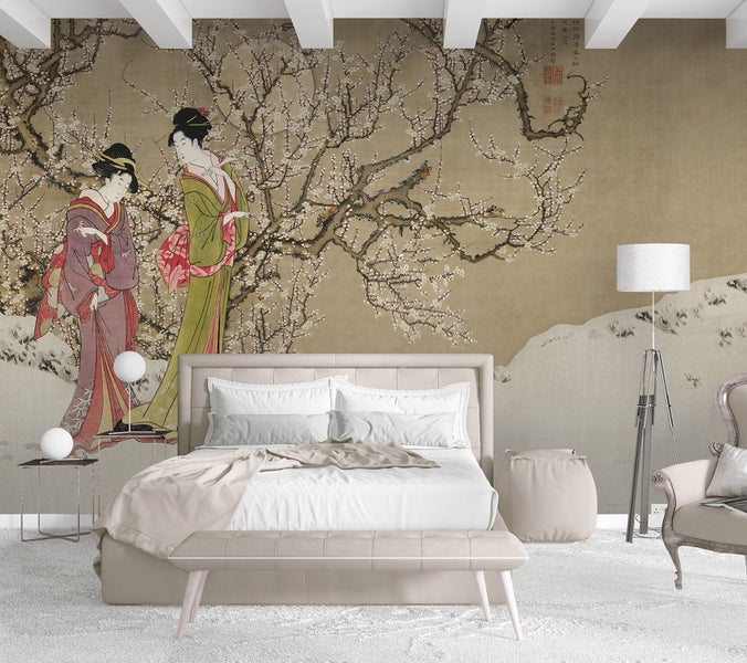 Schlafzimmer mit japanischer Kunsttapete, Bett und Möbeln.