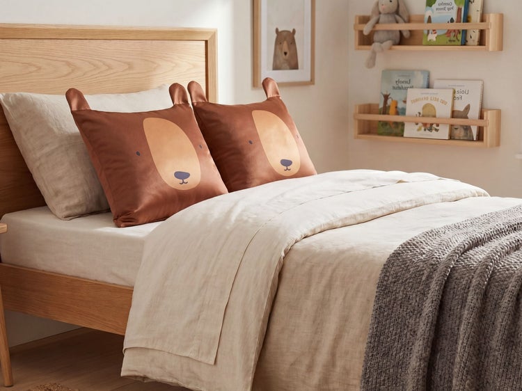 Helles Kinderzimmer mit Holzbett, beiger Bettwäsche und zwei braunen Dekokissen in Bärenoptik. An der Wand hängen Holzregale mit Kinderbüchern.