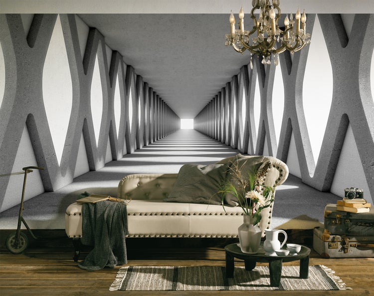 Fototapete mit 3D-Effekt: perspektivischer Tunnel mit X-förmigen Betonsäulen in einem modern eingerichteten Wohnzimmer.