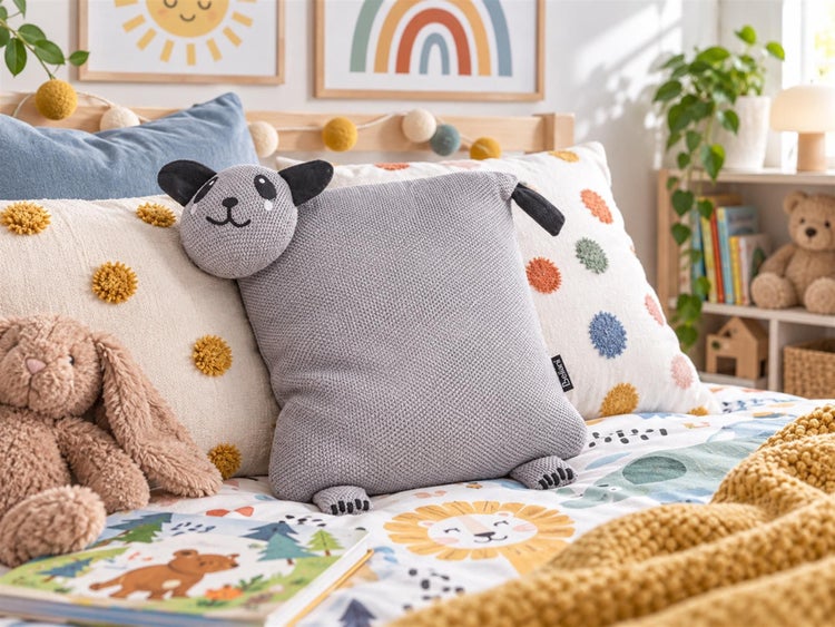 Gestricktes Kinderkissen in Tierform auf einem Kinderbett mit Kuscheltieren und Dekoration.