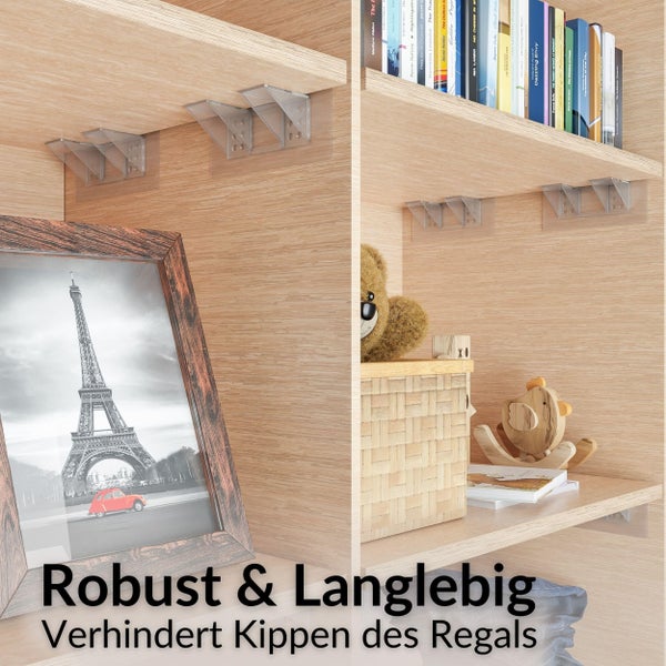 Regal-Kippsicherung aus Kunststoff unter Regalböden aus Holz montiert zur Stabilisierung von Möbeln.