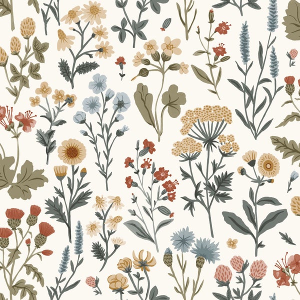Sanders und Sanders Tapete Feldblumen Ockergelb, Grün, Blau und Terrakotta - 50 x 900 cm - 935381