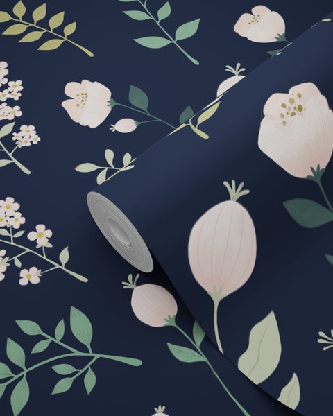 ESTAhome Tapete Blumen Dunkelblau, Rosa und Grün - 53 cm x 10.05 m - 139341