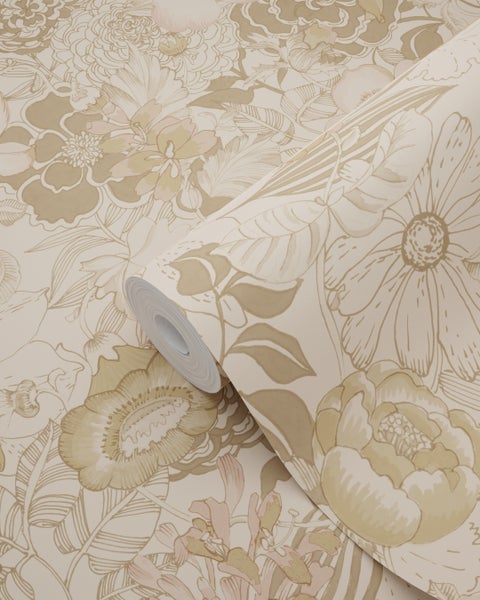 ESTAhome Tapete Blumenmuster Hellbraun und Altrosa - 50 x 900 cm - 139764