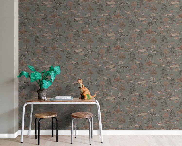 Szene mit Tapete mit Dinosaurier-Motiv, Tisch, Hocker und Dekoration