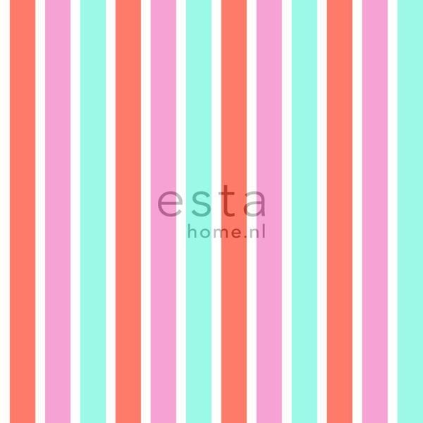 ESTAhome Tapete vertikale Streifen Rosa, Türkis und Korallenrot - 53 cm x 10.05 m - 138704