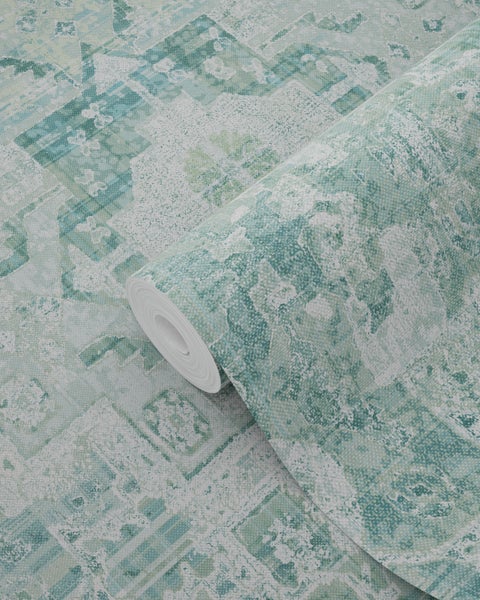 ESTAhome Tapete orientalisches Kelim-Patchwork Pastell Mintgrün - 53 cm x 10.05 m - 148658