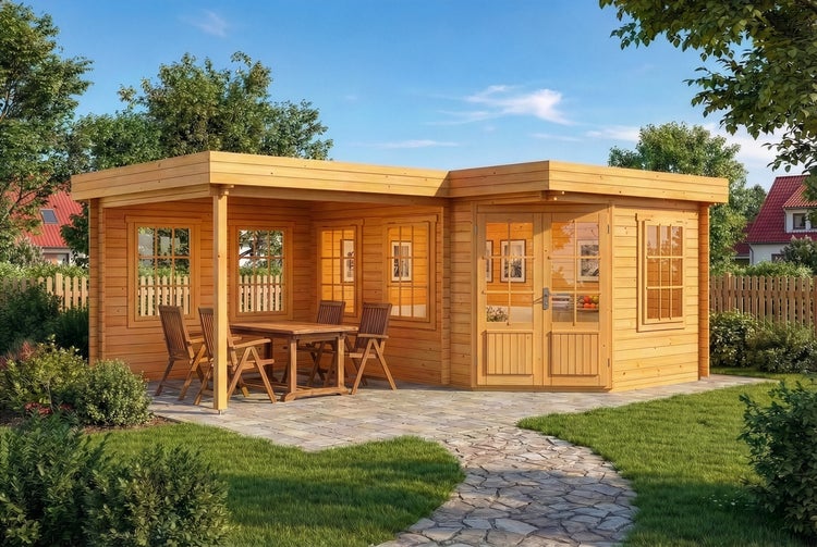 Gartenschaukel mit Dach und Textilbezug auf einer Holzterrasse