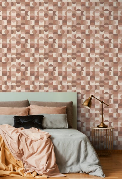 ESTAhome Tapete Kreise im Bauhaus-Stil Beige, Braun und Hellrosa - 50 x 900 cm - 131242