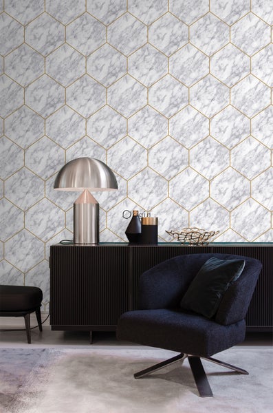 Origin Wallcoverings Tapete Wabenmuster mit Marmoreffekt Weiß, Grau und Gold - 50 x 900 cm - 347808