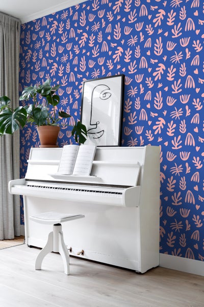ESTAhome Tapete Pflanzen im Matisse-Stil Blau und Rosa - 50 x 900 cm - 131022